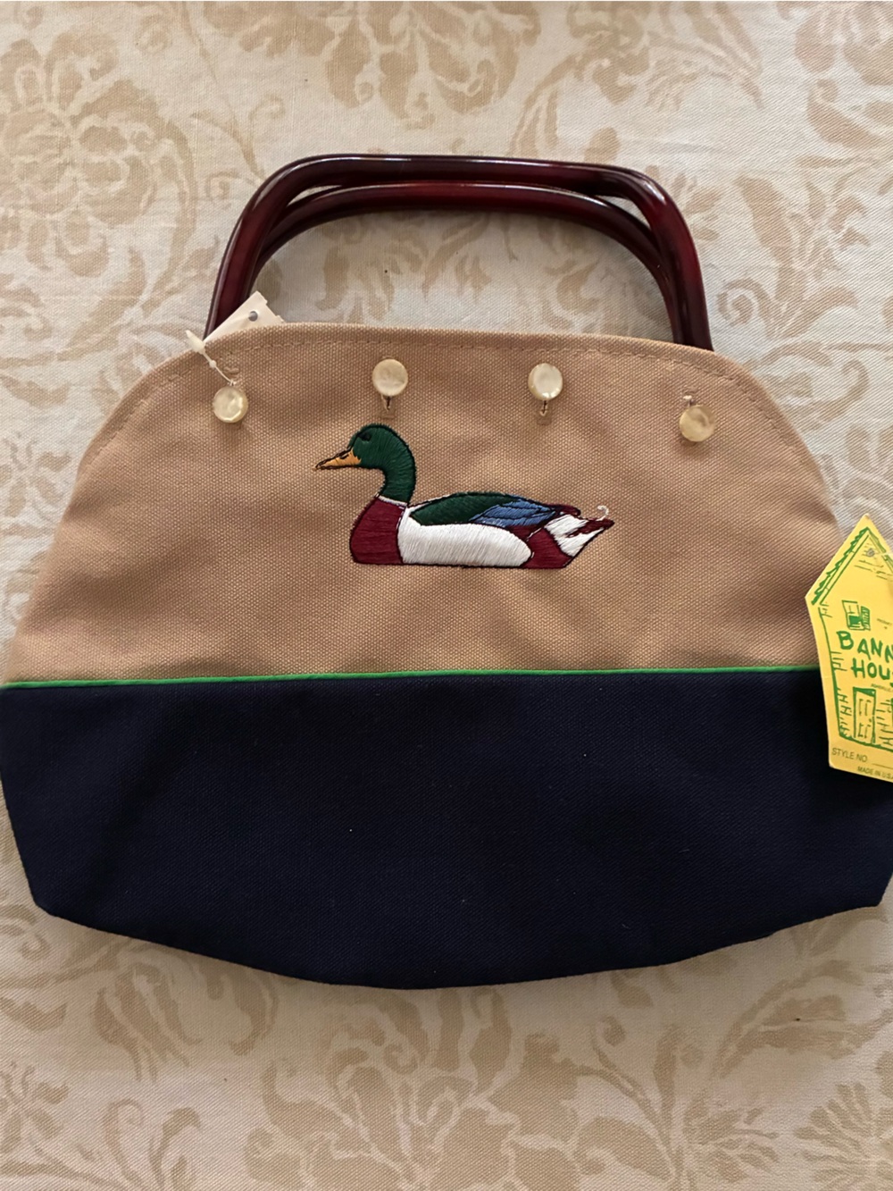Banner House Bermuda Bag Mallard Duck Cotton Canvas Cover Lucite Handle Vintage